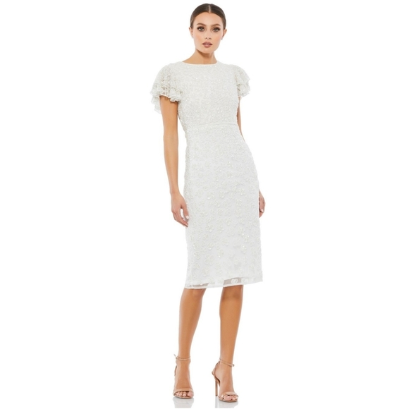 Mac Duggal | Embellished Ruffle Cap Sleeve V-Neck Midi Dress Size 6 Style 10810 - Picture 3 of 17